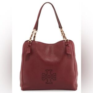 Tory Burch Harper Chain Tote Burgundy Leather Center Zip Shoulder Strap